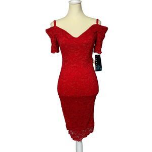 NWT Vintage 80's Nite Scarlett Red Lace Off Shoulder Dress Women's Size 9/10